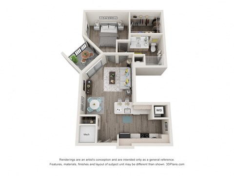 Floor plan for 1 bed, 1 bath, 778 sqft